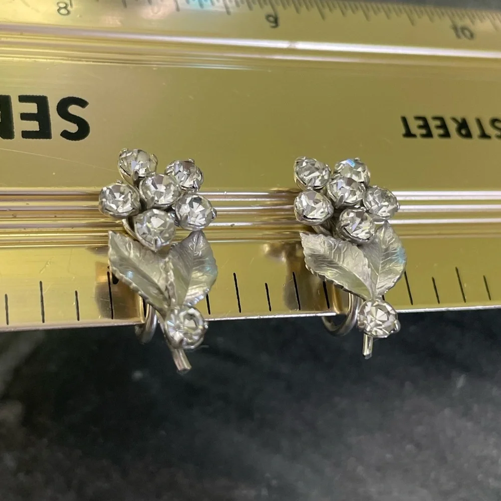 Vintage Silver Flower Crystal Clip-On Earrings